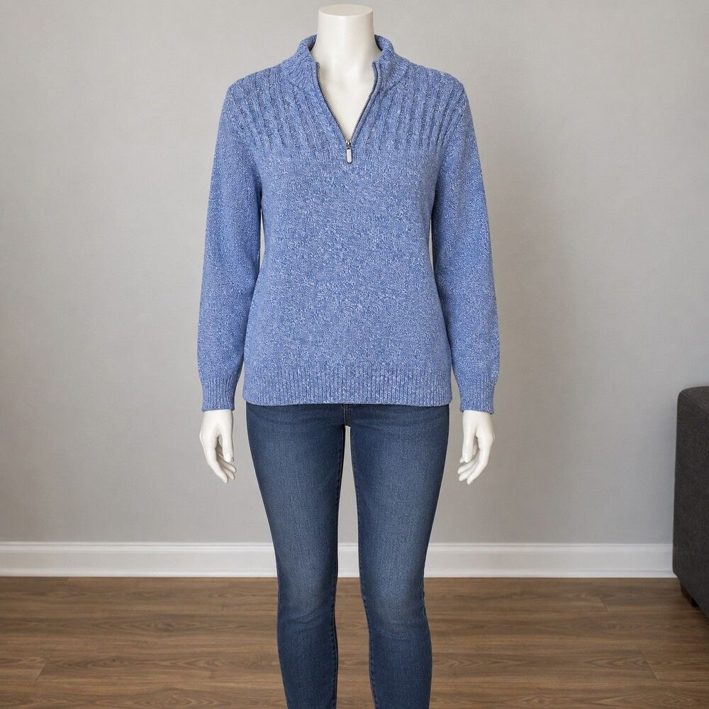 Karen Scott Womens L Blue Marled Cable Knit Quarter Zip Cotton Sweater Preppy